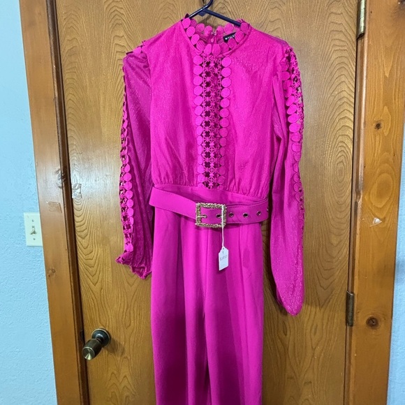 Valentine Fuschia Pink Embellished Long Sleeve Jumpsuit with Mandarin Collar - Picture 1 of 16